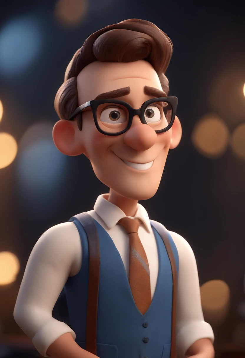 Cartoon character of a man wearing black glasses and a blue shirt, um personagem animado, Caractere estilizado, animation style rendering, 3D estilizado, Arnold Maya render, 3 d render stylized, toon render keyshot, Personagem 3D, Personagem 3D, 3d rendering stylized, 3 d character render, personagem de desenho animado, Personagem de close up, Pose de personagem, (Estilo Pixar) (master part:1.2) (Bokeh) (best quality) (pele detalhada) (textura detalhada) (8k) (argila) (Cinematic lighting) (foco nítido，Senta e vaza a parte superior do corpo