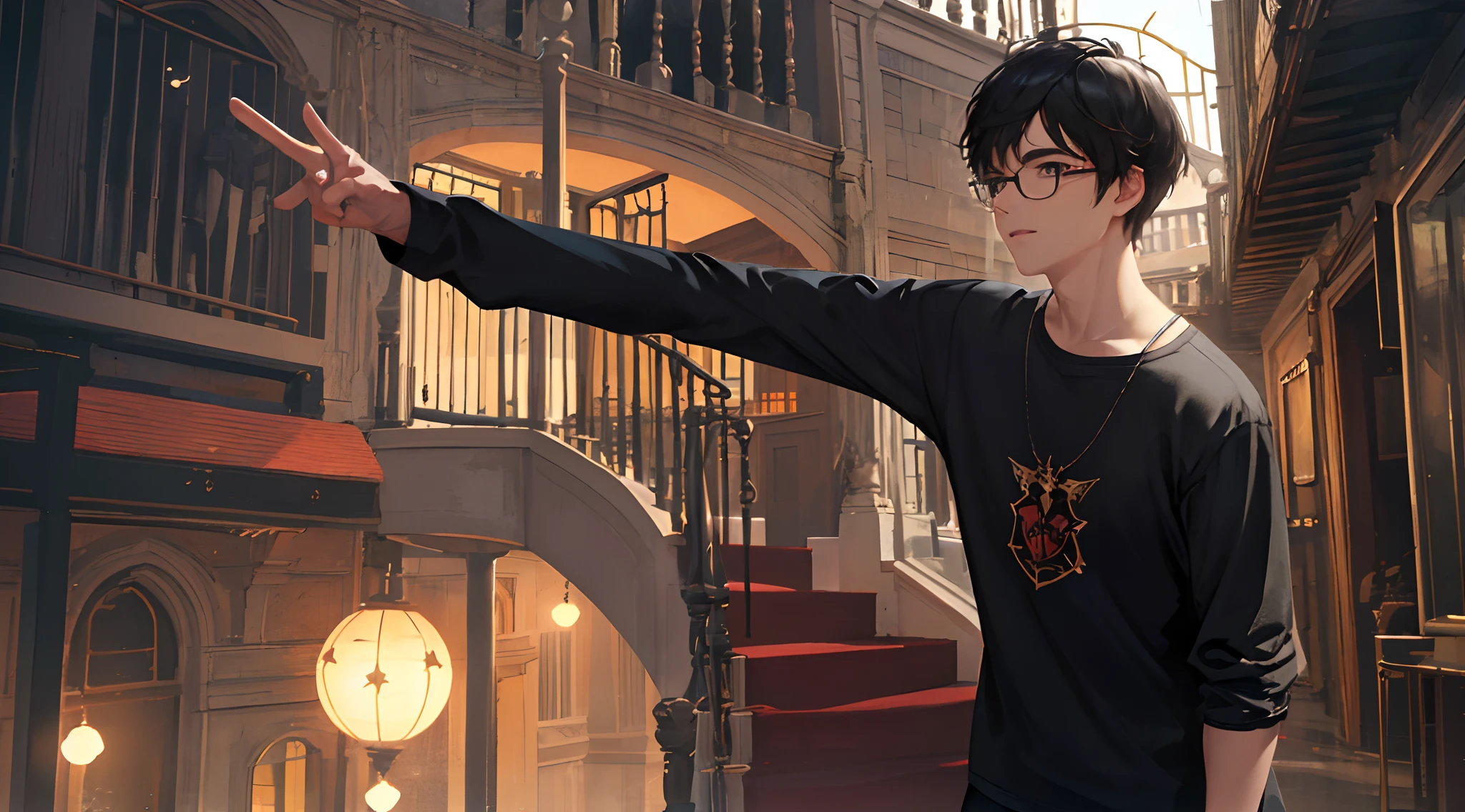 Homem calvo, cabelo preto, Wearing Thin Black Glasses , camiseta vermelha com estrela branca no centro.