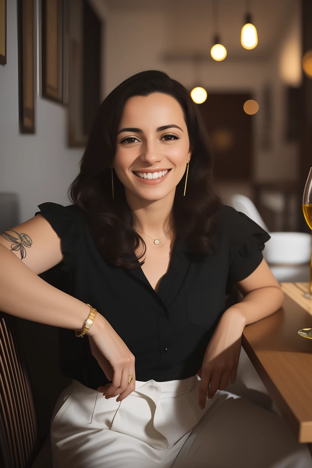 smiling woman sitting at a table with a glass of wine, Malika Favre, inspired by Almada Negreiros, inspired by Gina Pellón, Valentina Embaralhamento, Retrato de Ana de la Reguera, imagem retrato, by Amelia Peláez, by Almeida Júnior, Directed by: Emma Andijewska, julia fuentes