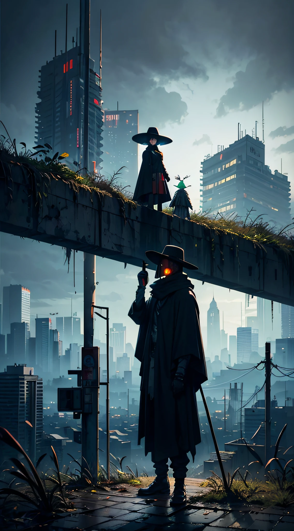 futuristic cyberpunk city, gloomy bleak view on dystopic cyberpunk city, dark landscape, dreary landscape, dark scarecrow, creepy scarecrow, high scarecrow, scarecrow standing on roof, portrait, gloomy monster, long arms, stick hands, T-pose, (covered in ash), rag cloak, straw hat, dark lighting, top view of a huge city, futuristic city, hopeless art
