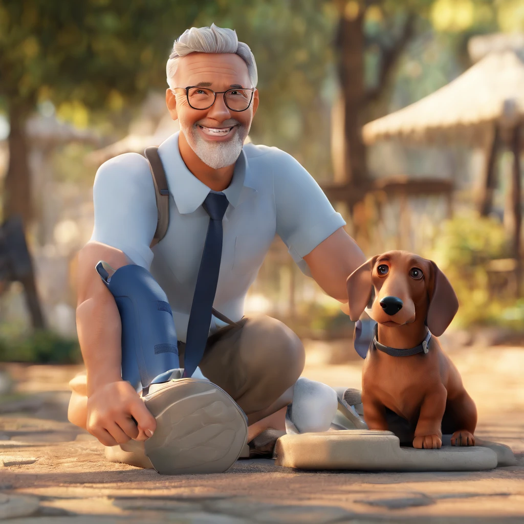 Lucas is a smiling 55-year-old human com seu fiel amigo, Bolt, o cachorro , Dachshund malhado preto com branco, olhos azuis ,no parque