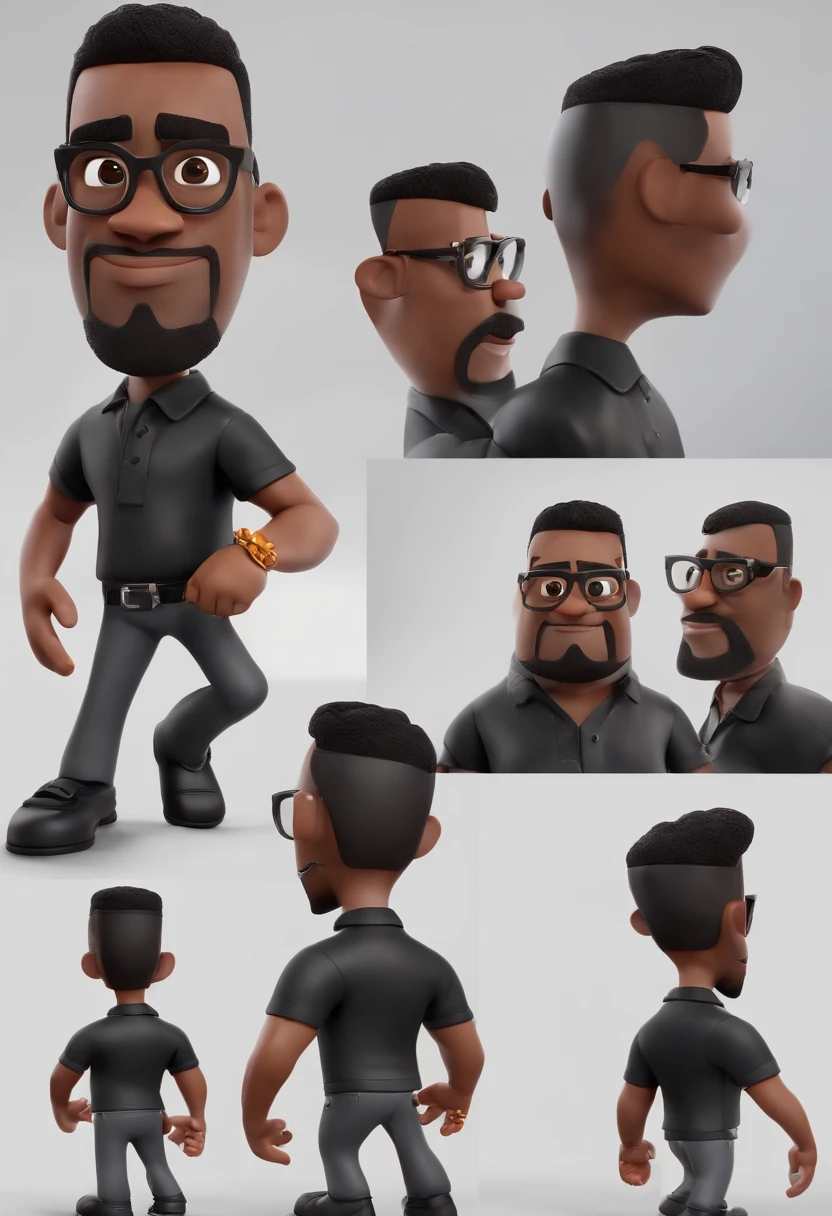 Cartoon character of a black man with black glasses and a black polo shirt, cabelo liso, and old school tattoo on arm, animation character, Caractere estilizado, animation style rendering, 3D estilizado, Arnold Maya render, 3 d render stylized, toon render keyshot, Personagem 3D, Personagem 3D, 3d rendering stylized, 3 d character render, personagem de desenho animado, Personagem de close up, Pose de personagem,  (Estilo Pixar) (master part:1.2) (Bokeh) (best quality) (pele detalhada) (textura detalhada) (8k) (argila) (Cinematic lighting) (foco nítido