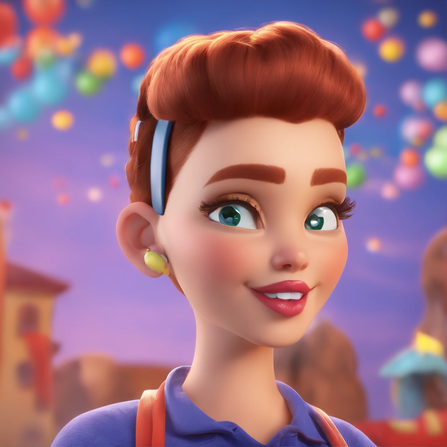 create a 3D movie poster inspired by Disney Pixar, The scene should be in Pixar's signature digital art style, com uma imagem caricatural de uma mulher morena clara acima do peso cabelos longos e alisados na cor castanho escuro, olhos finos sombrancelha marcante, full lips and round face,