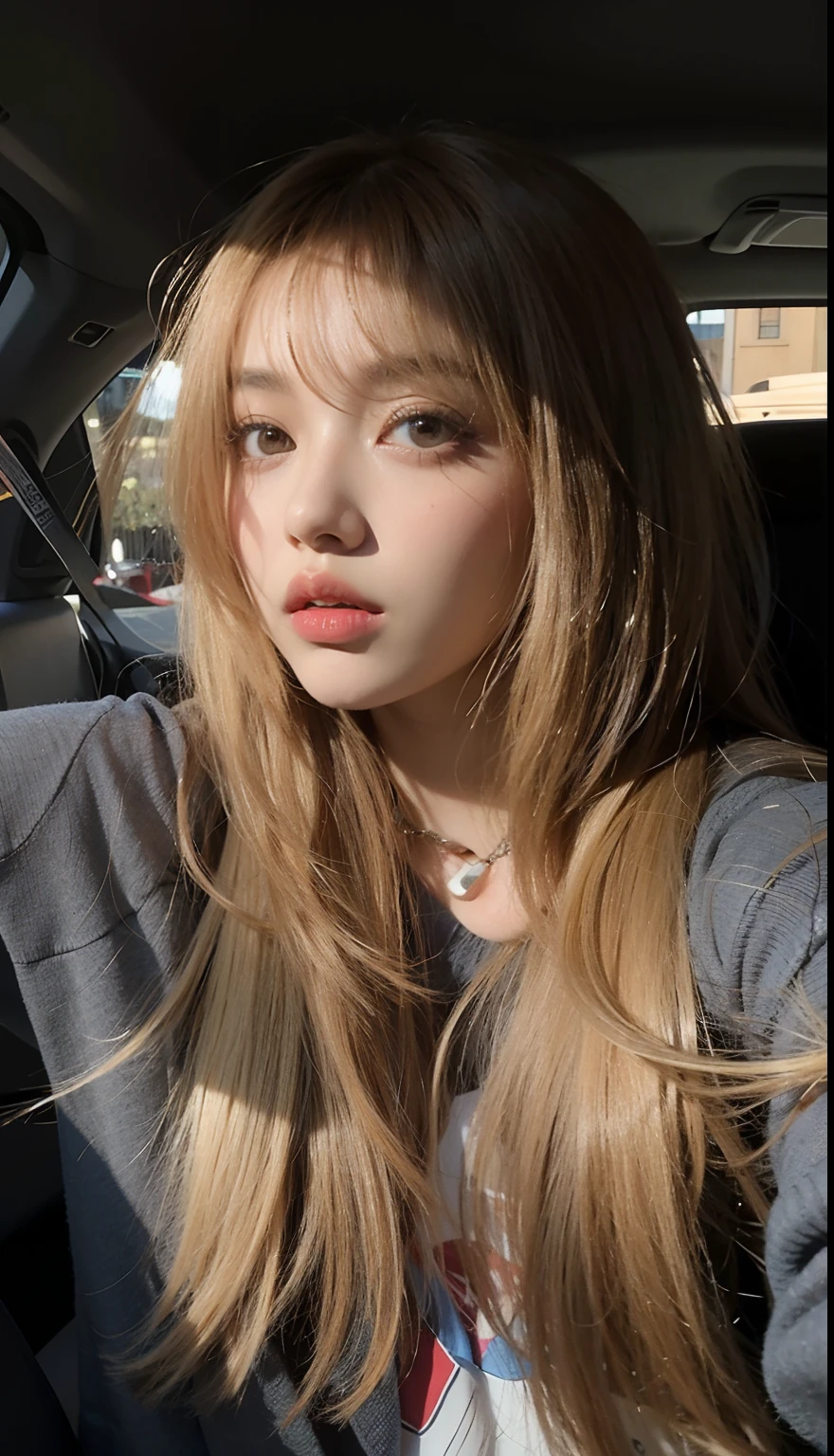 un primer plano de una persona sentada en un coche con el pelo largo, Lalisa Manobal, con flequillo, Cabello largo con flequillo completo, Pelo largo con flequillo, flequillo esponjoso, con flequillo completo, Lalisa Manoban de Blackpink, flequillo de cortina, cabello whitebangs cabello, Retrato de Kim Petras, Flequillo partido en el centro, Flequillo largo