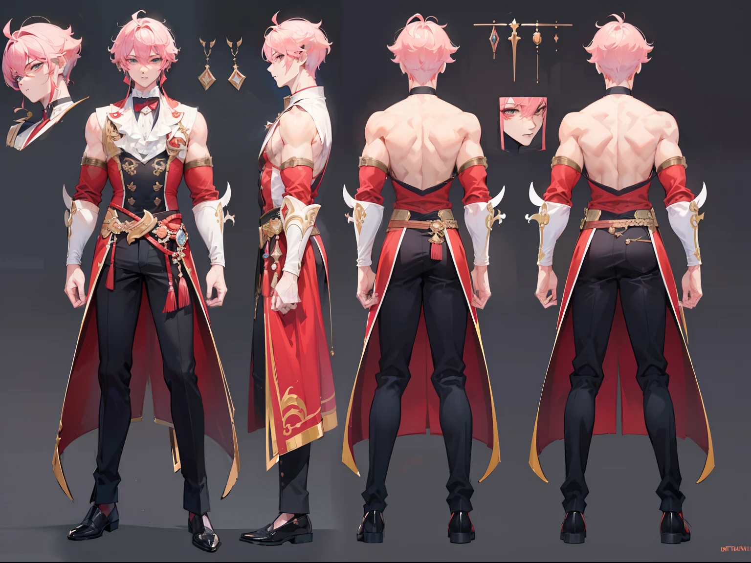 ((Masterpiece, Highest quality)), Male, boy, Detailed face, character design sheet，full body esbian, Full of details, frontal body view, back body view, Highly detailed, Depth, Many parts, Muscle boy with pink hair，handsome man, vampire outfit clothes, Genshin Impact, man tall, pectoral muscles, abs