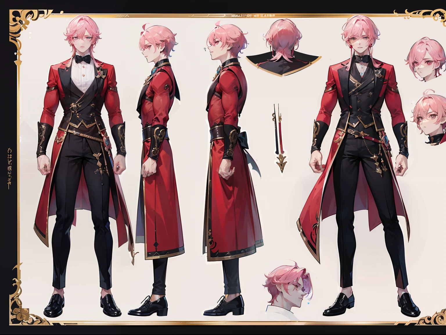 ((Masterpiece, Highest quality)), Male, boy, Detailed face, character design sheet, full bodyesbian, Full of details, frontal body view, back body view, Highly detailed, Depth, Many parts, Muscle boy with pink hair,handsome man, vampire outfit clothes, Genshin Impact, man tall
