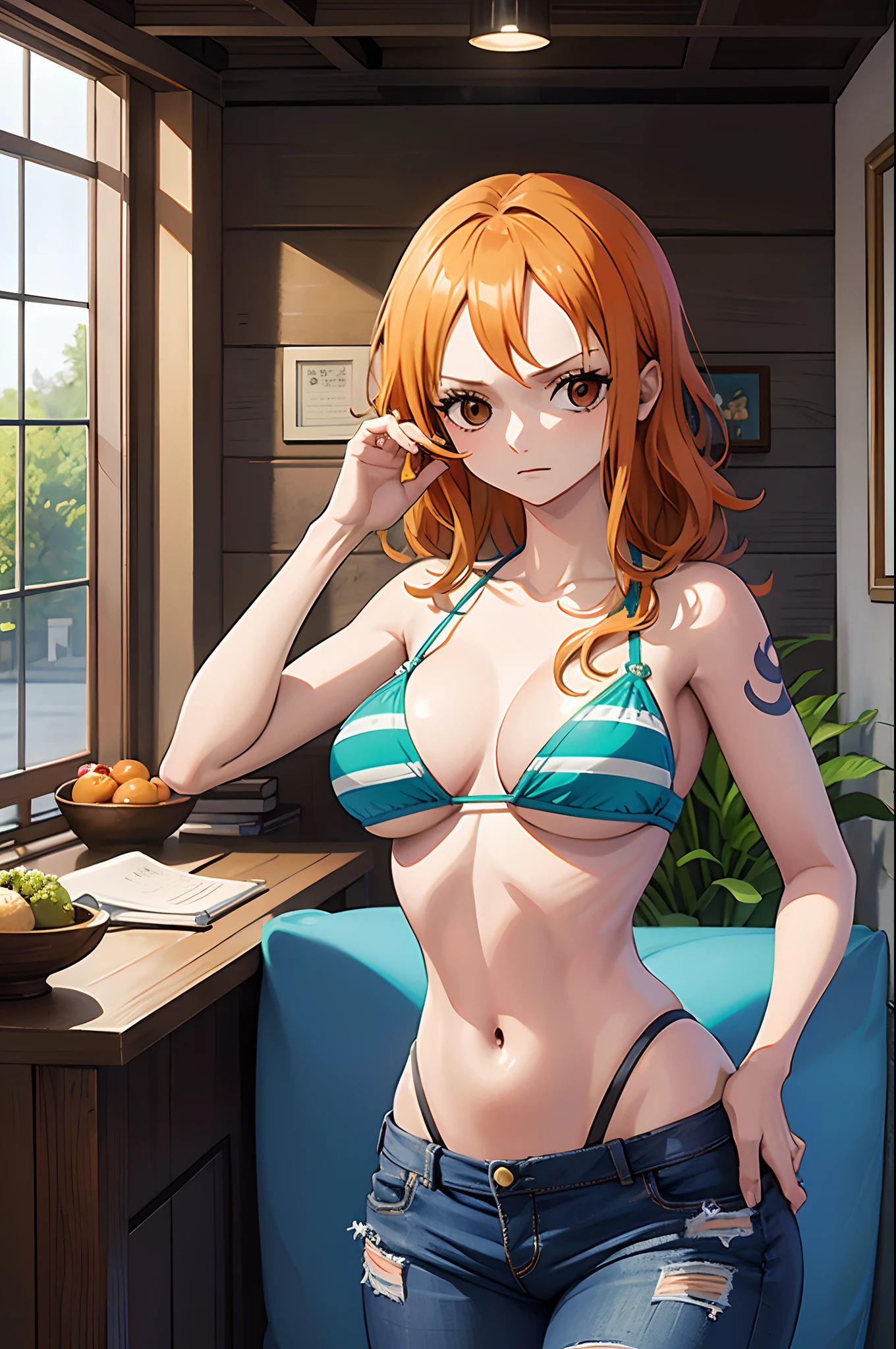 "((masutepiece)), qualidade impressionante, detalhes intrincados, Retrato de uma mulher, Cabelo laranja longo fluindo, wearing a bikini top, Destaque suas curvas ricas, Decorado com jeans, Capturing the essence of Nami, Personagens amados de One Piece, With high-resolution touch (1.2)."