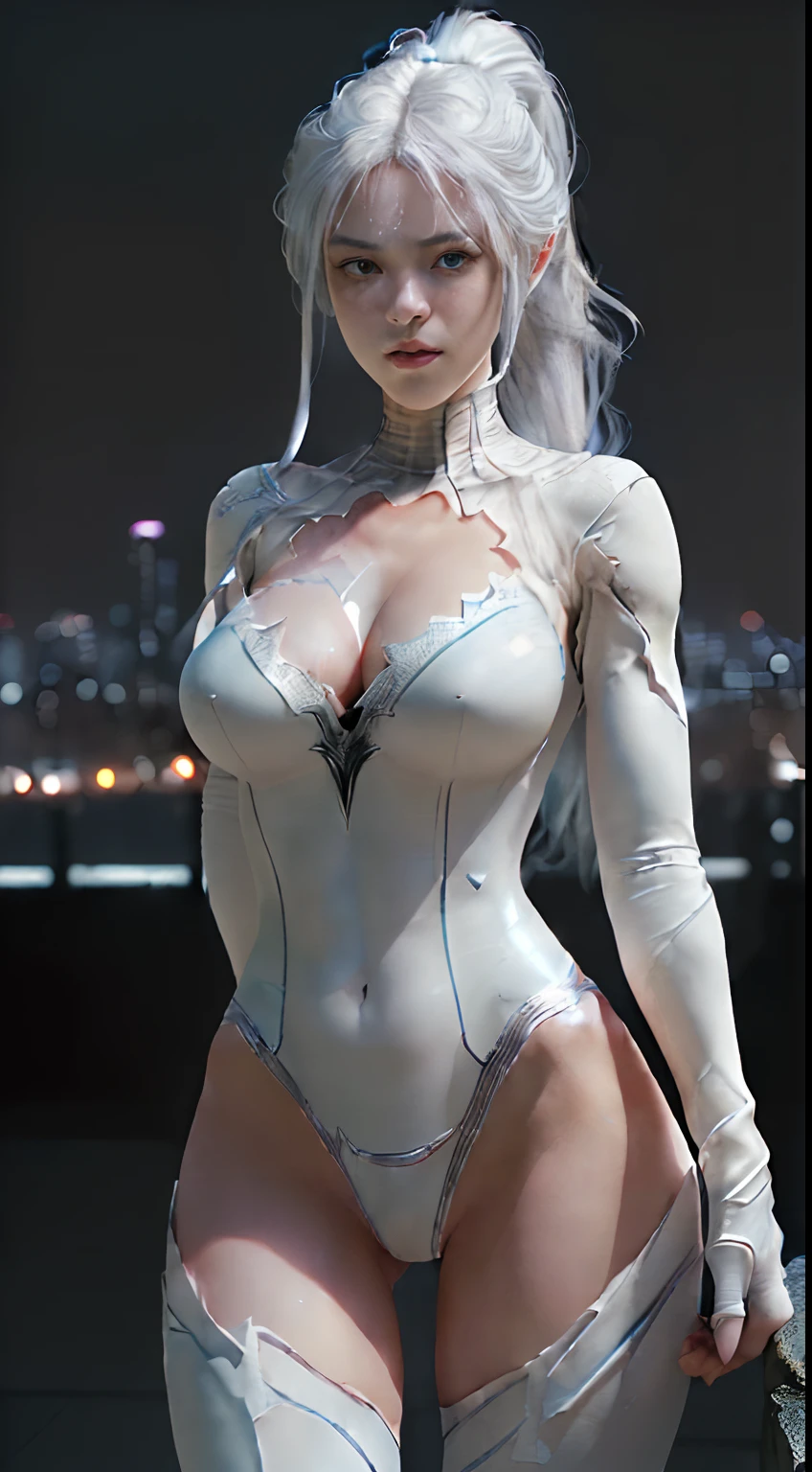 (Extreme Detail CG Unity 8K wallpaper, masterpiece, top quality), (exquisite lighting and shadows, very dramatic graphics, cinematic lens effects), (girl in white Spider-Man costume, silver hair, ponytail, cleavage, pointed , crisp , crotch crack, female genitalia, from parallel universe, city skyline, night view, Dynamic pose of the background), (excellent detail, good lighting, wide angle), (excellent rendering, enough to stand out in its class)