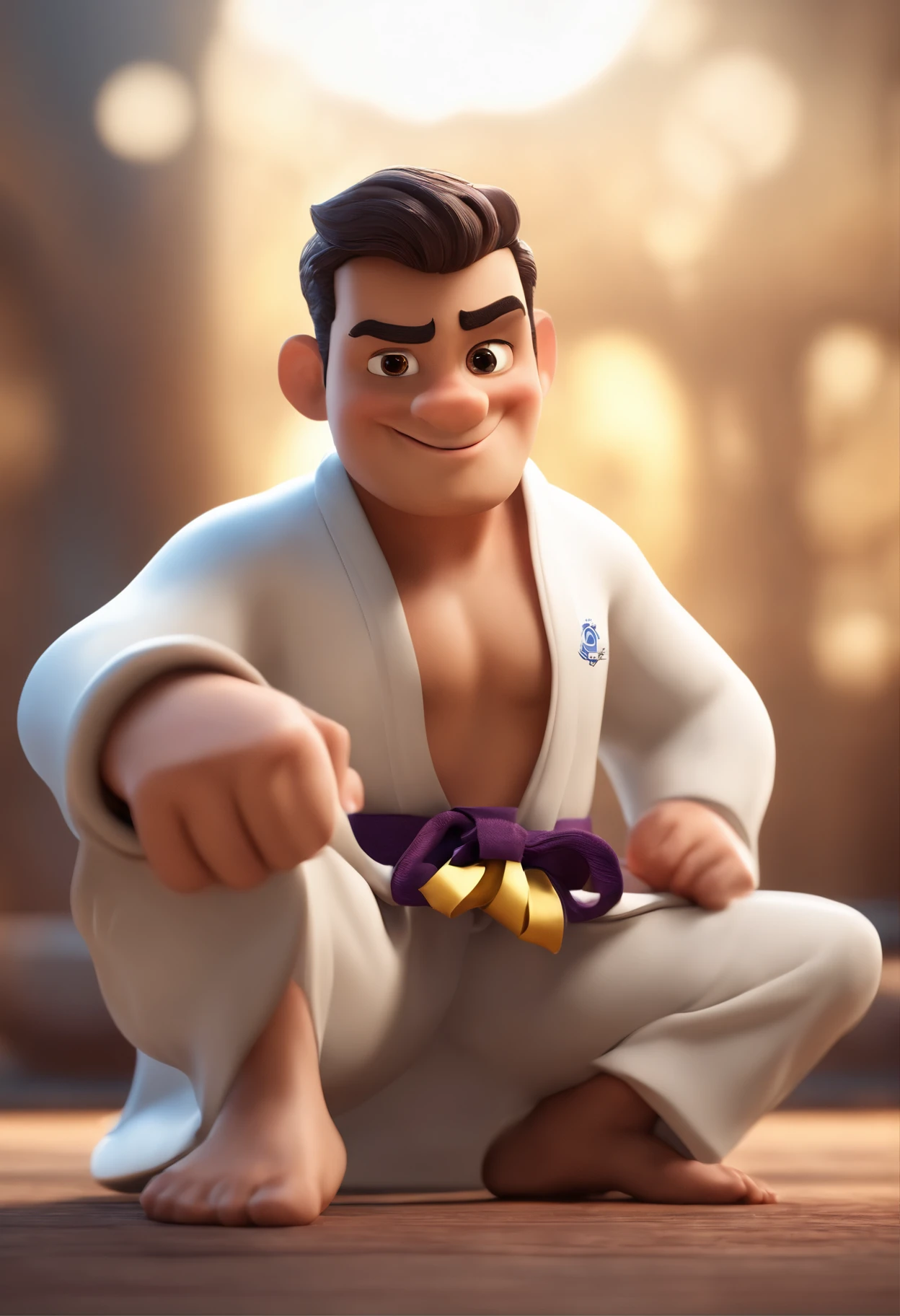 personagem dos desenhos animados de um homem de 30anos, com olhos castanhos, kimono de jiu jitsu, on a first-place podium , animation character, Caractere estilizado, animation style rendering, 3D estilizado, Arnold Maya render, 3 d render stylized, toon render keyshot, Personagem 3D, Personagem 3D, 3d rendering stylized, 3 d character render, personagem de desenho animado, Personagem de close up, Pose de personagem, (Estilo Pixar) (master part:1.2) (Bokeh) (best quality) (pele detalhada) (textura detalhada) (8k) (argila) (Cinematic lighting) (foco nítido