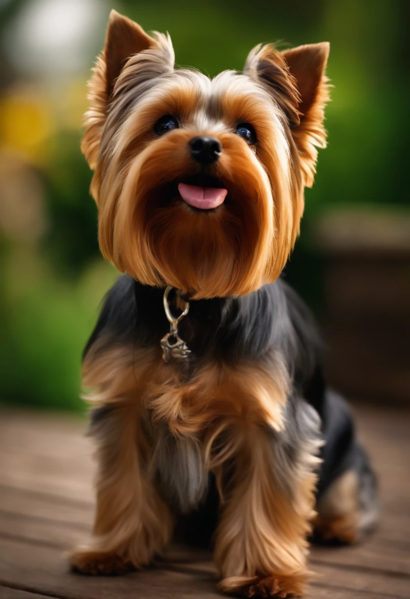 Make a Yorkshire Terrier Dog, denro de uma casa, deitado em sua casa, pousando para uma foto. esta imagem deve transmitir ternura