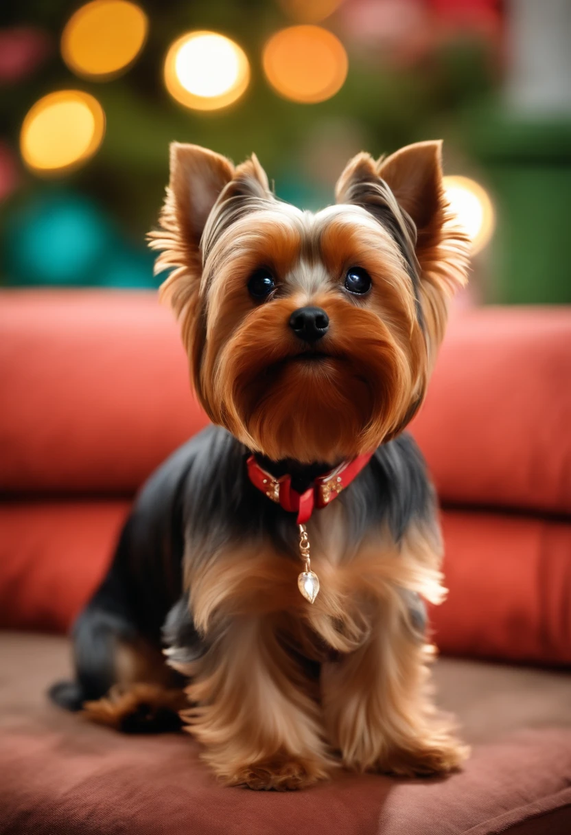 Make a Yorkshire Terrier Dog, denro de uma casa, deitado em sua casa, pousando para uma foto. esta imagem deve transmitir ternura