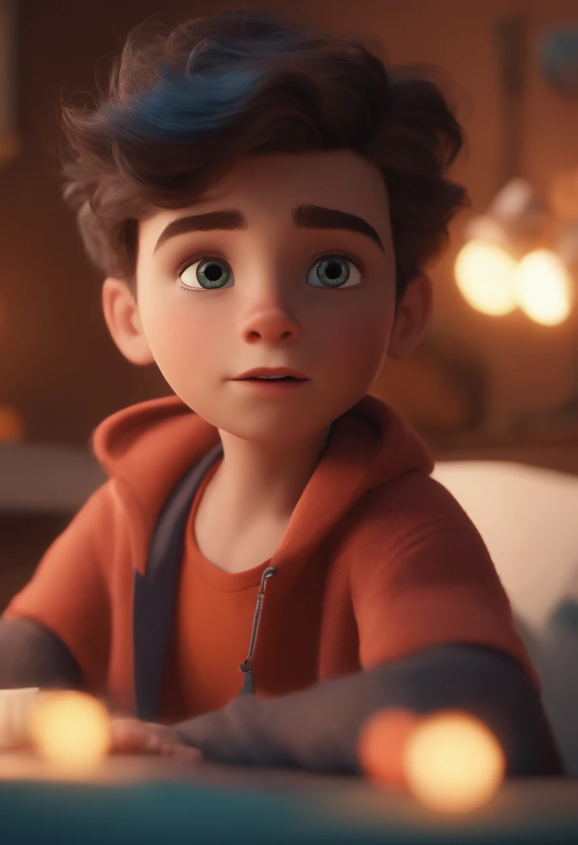 Image of a boy for a story in a YouTube video in Pixar format, He's the allabester, He's the class leader, He's outgoing, Playful and gets up for a lot of things, cabelo curto