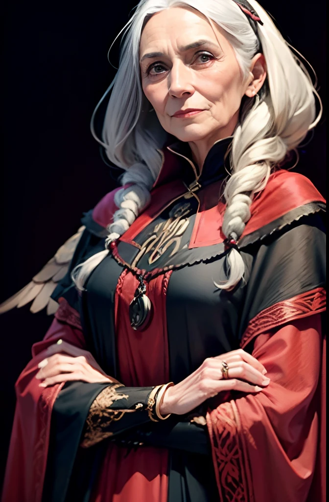 a portrait of an old woman magician in rich dark and crimson medieval tunic. she whears an elegant black embroidered cape held by a two-winged pin. the smiling woman has black hair. A plain background.