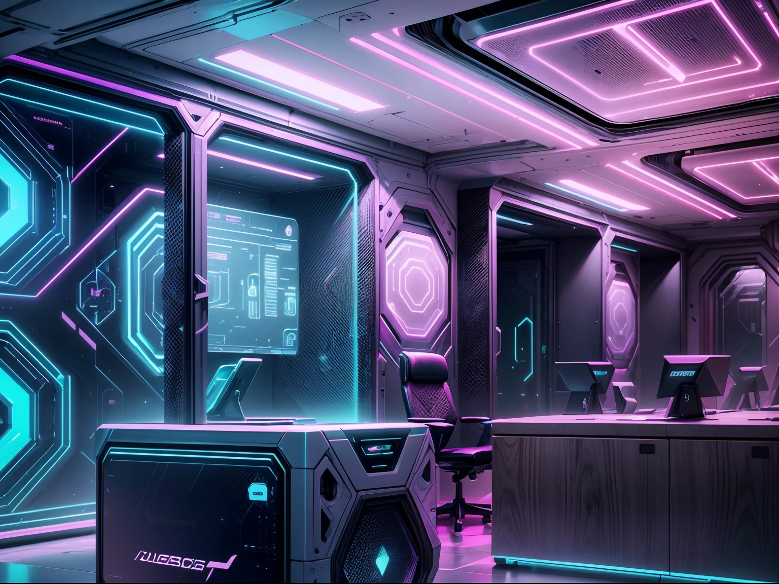 Interior design for an office environment cellular technical assistance, (holographic screens) e (cadeiras flutuantes). The space is futuristic and filled with technical equipment and tools scattered around. Luzes neon coloridas aumentam a vibe cyberpunk. Logo da loja connect Cell