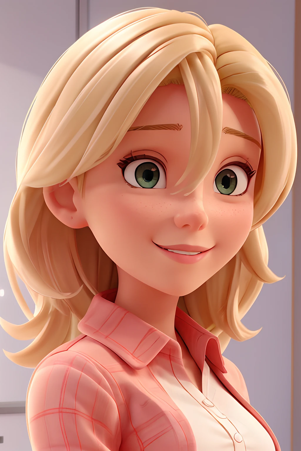Portrait of blond dermatologist doctor with white room in background, cabelo castanho claro, medium, com roupa vermelha e jaleco, olhando para frente,