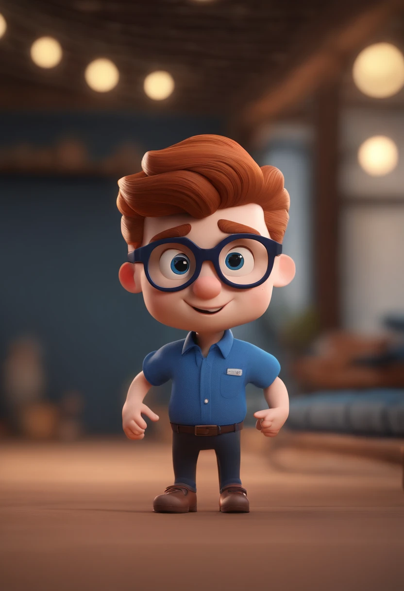Cartoon character of a man wearing black glasses and a blue shirt, um personagem animado, Caractere estilizado, animation style rendering, 3D estilizado, Arnold Maya render, 3 d render stylized, toon render keyshot, Personagem 3D, Personagem 3D, 3d rendering stylized, 3 d character render, personagem de desenho animado, Personagem de close up, Pose de personagem, (Estilo Pixar) (master part:1.2) (Bokeh) (best quality) (pele detalhada) (textura detalhada) (8k) (argila) (Cinematic lighting) (foco nítido,Senta e vaza a parte superior do corpo