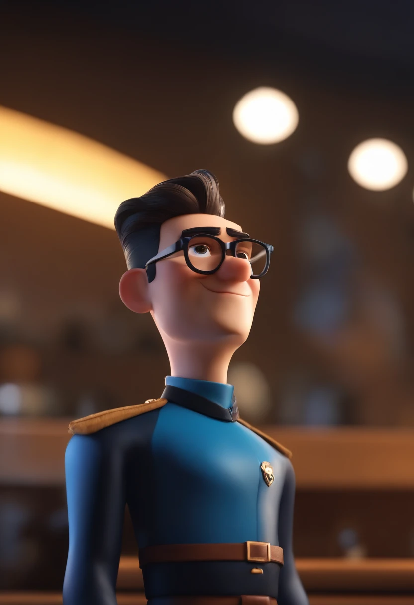 Cartoon character of a man wearing black glasses and a blue shirt, um personagem animado, Caractere estilizado, animation style rendering, 3D estilizado, Arnold Maya render, 3 d render stylized, toon render keyshot, Personagem 3D, Personagem 3D, 3d rendering stylized, 3 d character render, personagem de desenho animado, Personagem de close up, Pose de personagem, (Estilo Pixar) (master part:1.2) (Bokeh) (best quality) (pele detalhada) (textura detalhada) (8k) (argila) (Cinematic lighting) (foco nítido，Senta e vaza a parte superior do corpo
