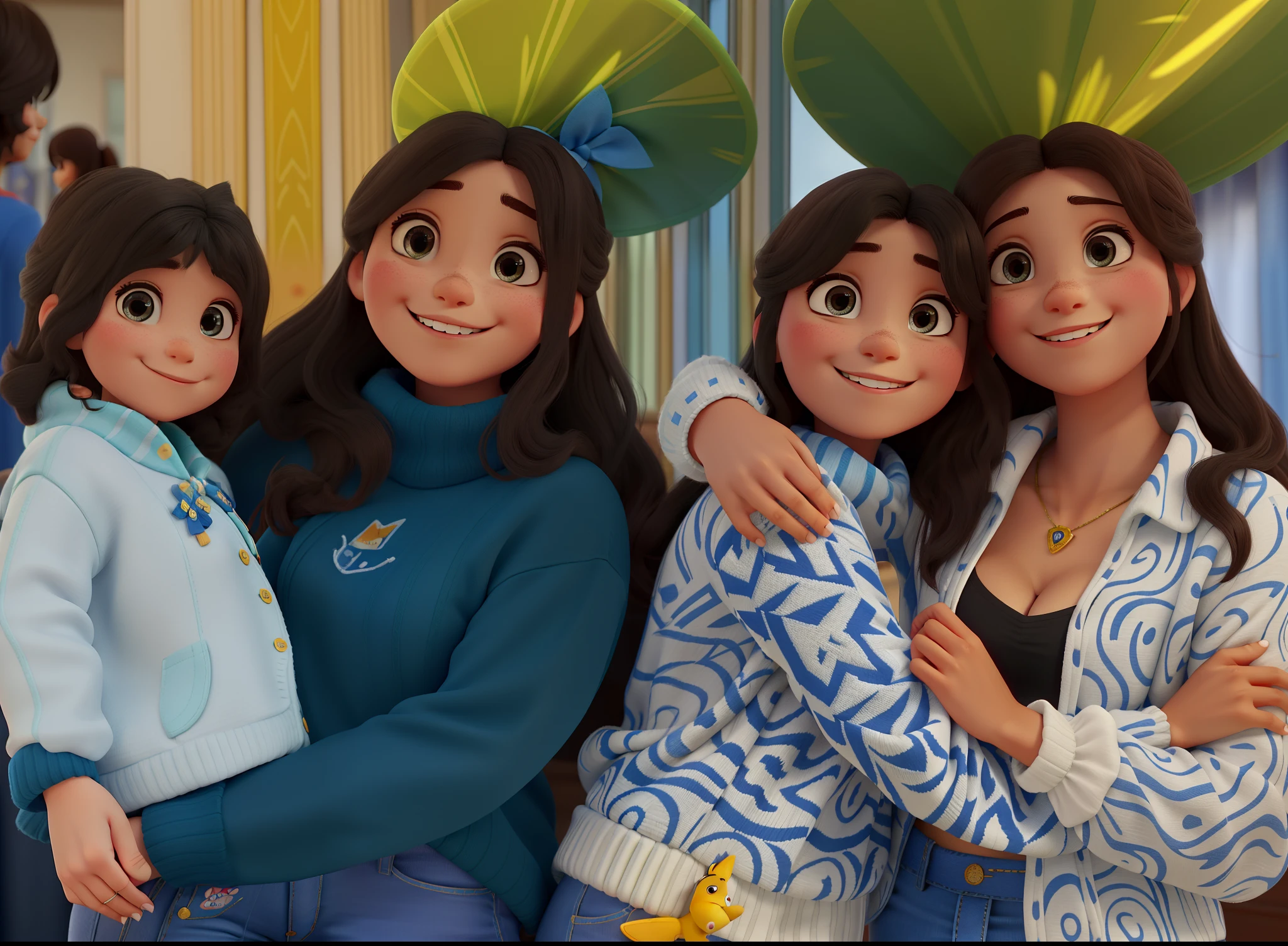 da esquerda para a direita: Tem uma menina no colo de uma mulher. Girl wears a blue sweater and jeans. em seguida, There's a slightly older girl next to another woman. The other girl wears a patterned sweater. A mulher usa uma camisa estampada e uma camisola com um decote por baixo. todas sorriem. todas parecem princesas da disney. imagem de qualidade muito baixa. possibly a birthday party. eyes are brown