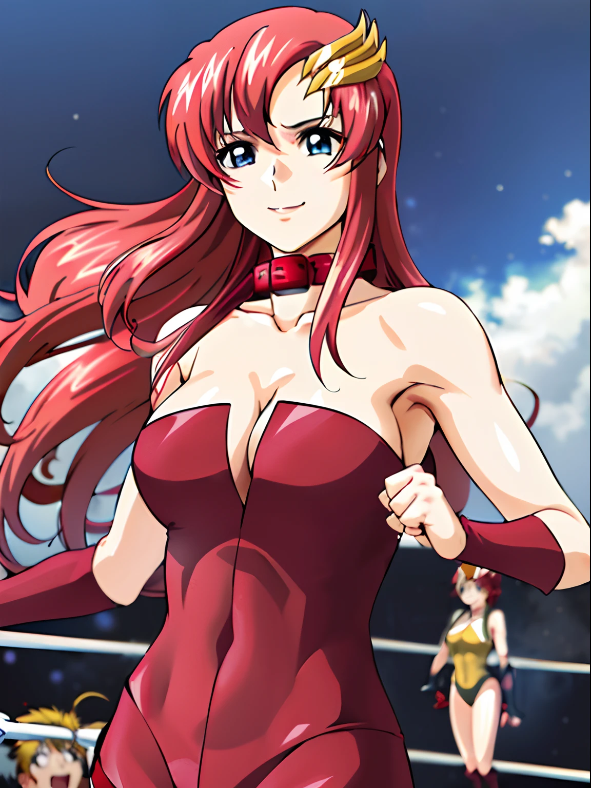 solo, (((red strapless wrestling outfit, collar, red boots))), (upper body view, closed mouth, happy, Best Quality, Anime style: 1.9, Adult Woman, (cloud background), Anime, lacus4), 1girl, Solo, 鎖骨, (very long hair, wide bangs, Hair Ornament, Detailed reddish-pink hair, golden crest), large hands, (blue eyes), ((little biceps, slender body, hourglass figure, broad shoulders, closed fists)), ((perfect proportions, medium breasts, cleavage, long belly)), (((mini red wrestling outfit))