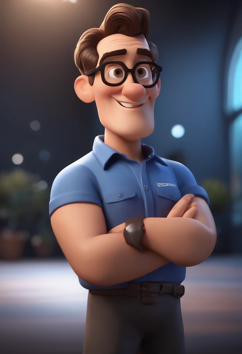 Cartoon character of a man with black glasses and a blue shirt, animation character, Caractere estilizado, animation style rendering, 3D estilizado, Arnold Maya render, 3 d render stylized, toon render keyshot, Personagem 3D, Personagem 3D, 3d rendering stylized, 3 d character render, personagem de desenho animado, Personagem de close up, Pose de personagem, (Estilo Pixar) (master part:1.2) (Bokeh) (best quality) (pele detalhada) (textura detalhada) (8k) (argila) (Cinematic lighting) (foco nítido