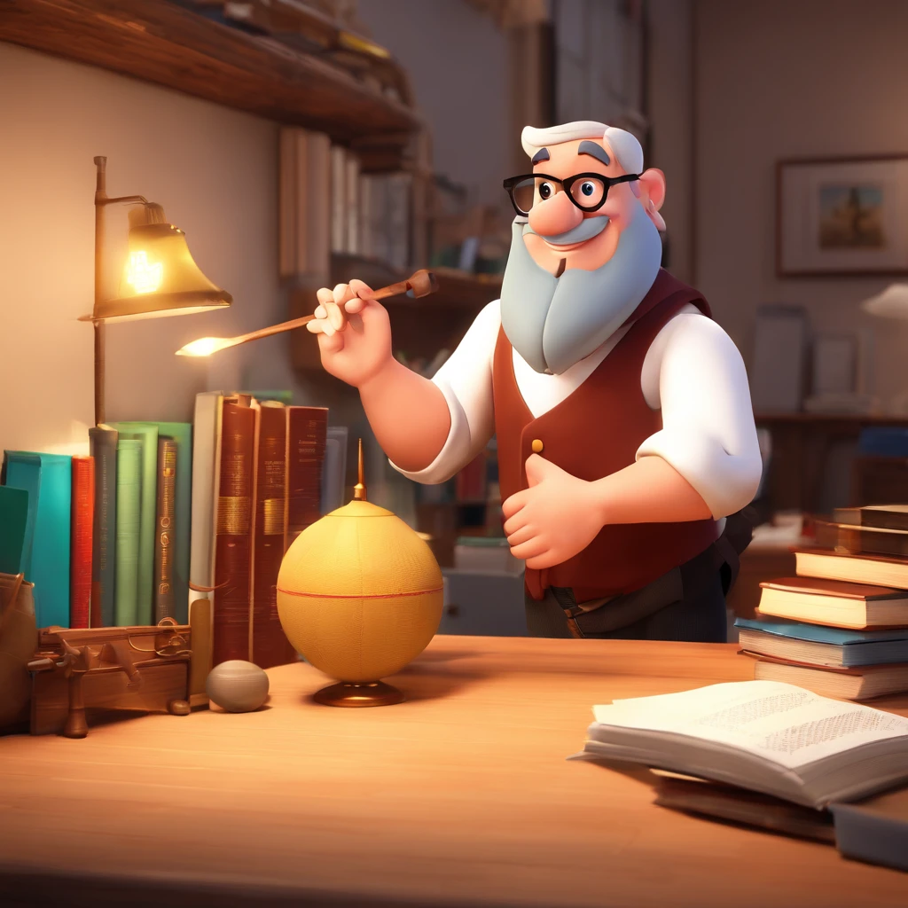 (best quality,4k,highres,masterpiece:1.2),an inspiring Disney Pixar poster with the main character as a shepherd. A bald man with a white beard and a slightly overweight physique, wearing glasses, in an office setting with a Bible on the desk. Illustration, realistic rendering, or 3D rendering would all be suitable for the medium.

Additional details may include:
- The shepherd character holding a shepherd's staff or a crook.
- The office being neat and tidy, with books and papers neatly organized.
- The shepherd character wearing professional attire, such as a suit or formal clothing.
- A warm and inviting color palette, reminiscent of the Disney Pixar animation style.
- Soft and diffused lighting, creating a cozy and serene atmosphere.
- The Bible on the desk being prominently displayed, signaling the importance of faith and spirituality.

Remember to prioritize the key elements, such as the shepherd character, the office setting, and the inspiring atmosphere, in the prompt. Feel free to add any other relevant details that enhance the overall composition.