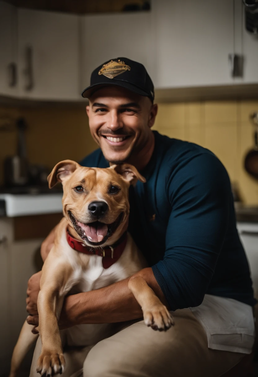 There's a man holding a dog in his arms in a kitchen, with his hyperactive little dog, selfie of a dog, Miniatura do YouTube, Ciborgue - Pitbull tirando uma selfie, 3 5 year brazilian mother, ele tem cerca de 20 anos | curto, happily smiling at the camera, he is very happy, mateus 9 5, fotografia