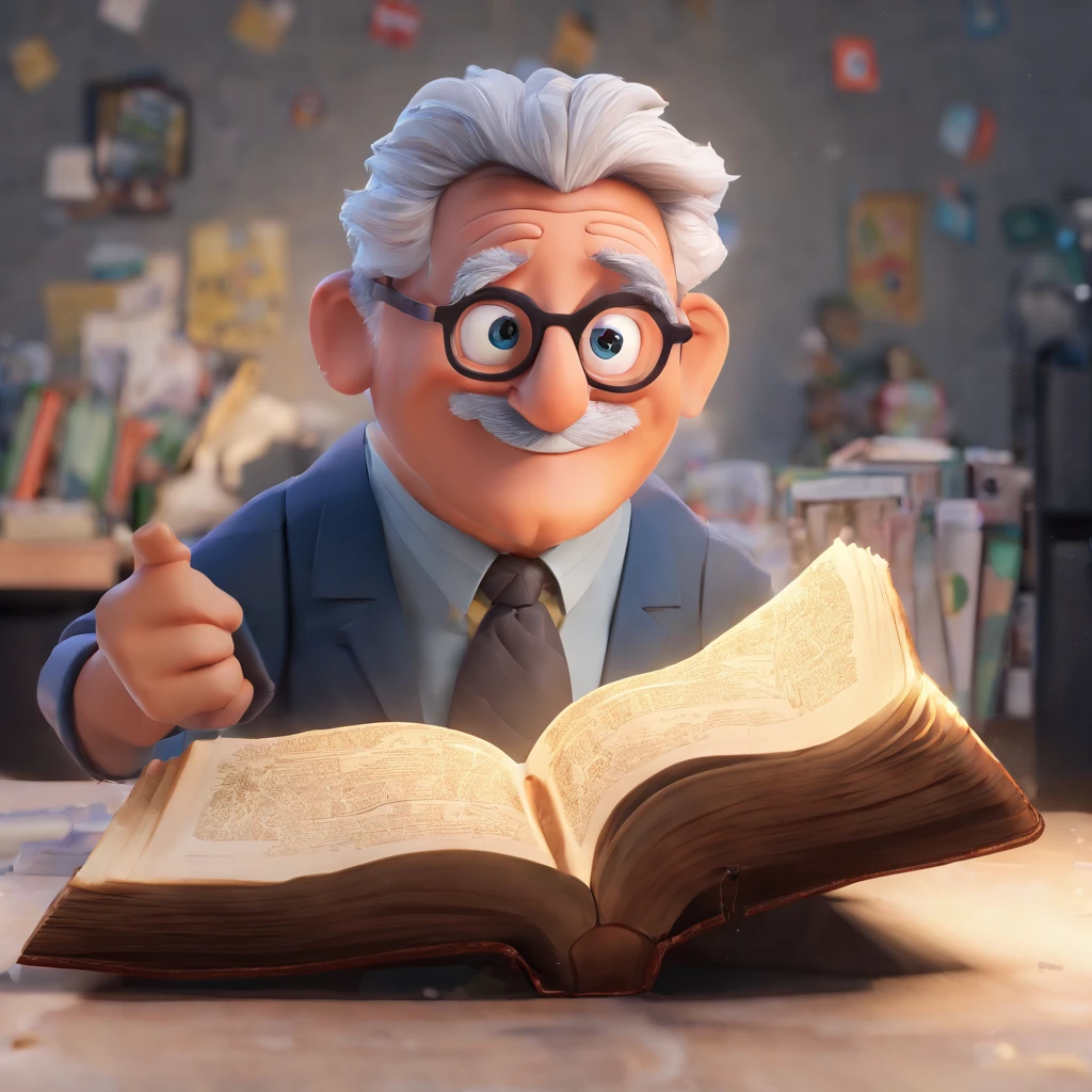 Crie um cartaz inspirado na Disney Pixar com o personagem sendo o pastor Rubens Janier, A gray-haired man wearing glasses, in an office with a Bible on the table