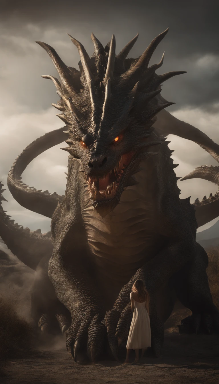 A gigantic dragon staring at a woman
