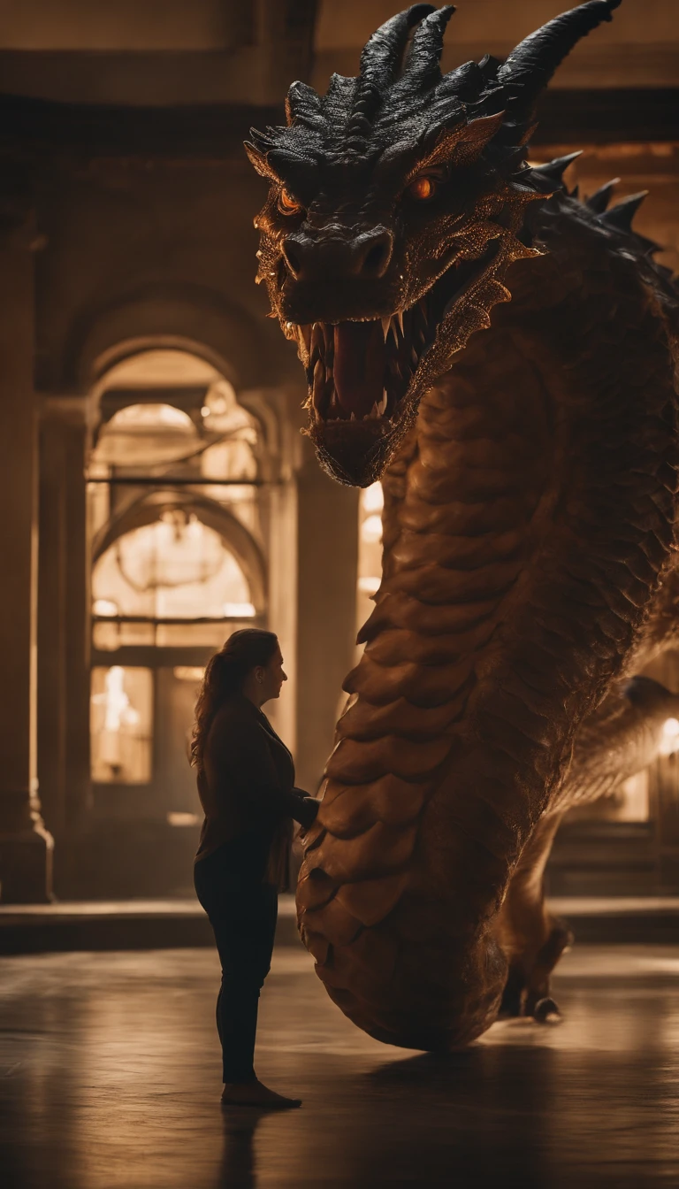 A gigantic dragon staring at a woman