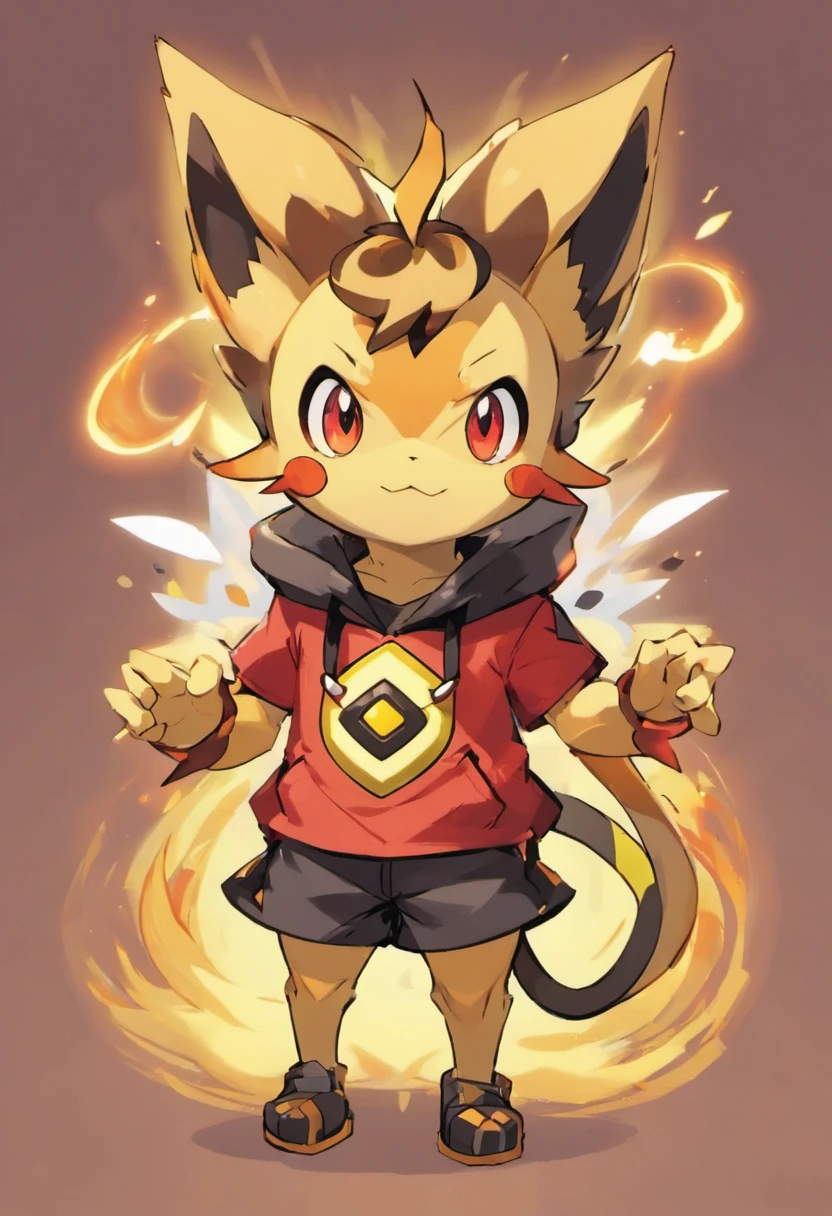 pokemon trainer, em destaque 1 homem, pele morena, cabelo espetado curto, red pendant cord, camisa curta preta, ao lado o pokemon Haxorus e Raichu