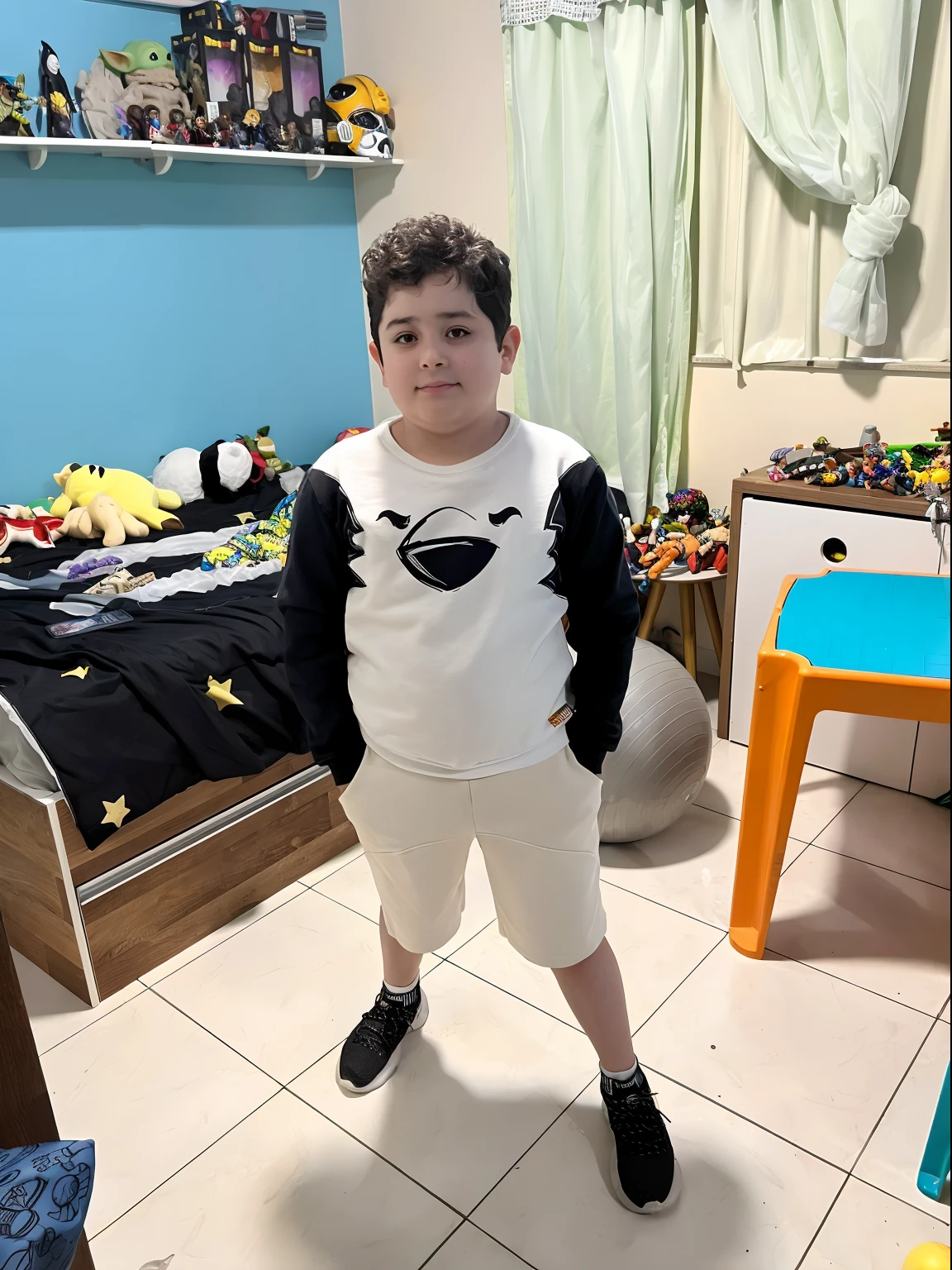 There's a boy standing in a room with toys, imagem de corpo inteiro, em estilo de baymax, vestindo um pescador 🧥, inspirado em Abidin Dino, corpo inteiro com traje, Em um estilo de Halloween, foto de perfil 1024px, Tomado com Sony Alpha 9, contrastes fortes, cabrito, andy milonakis