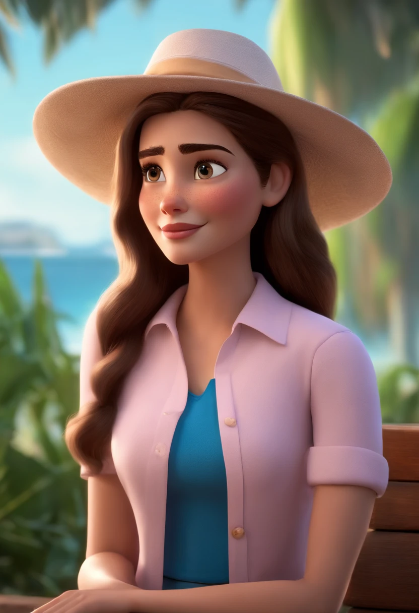 Pixar style image with 3D character white glasses Young white woman with brown eyes and medium straight hair. Se veste com uma camisa sem manga na cor rosa e um short preto. Olhando de lado , Maquiagem Disney,Pescador, bonitinho, sorridente ,Close-up, Pixar, Disney, Cinema lighting,