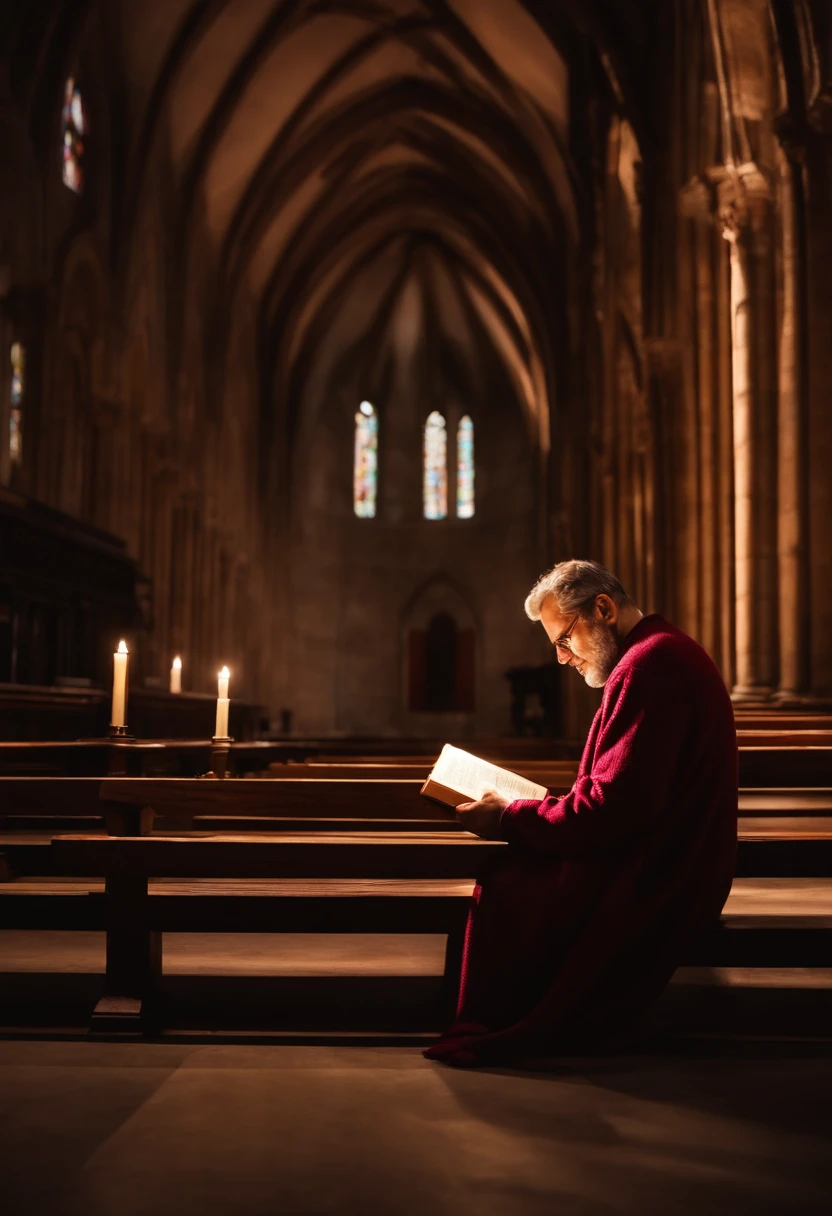 Homem grisalho ,with burgundy sweater on a background of an illuminated church , reading a Bible ,refletindo luz neon com letreiro escrito imtf ,uma estante com livros ,