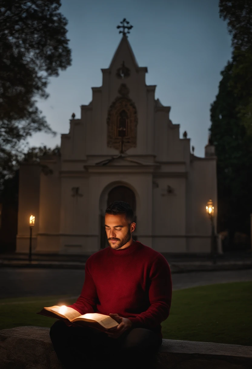 Homem grisalho ,with burgundy sweater on a background of an illuminated church , reading a Bible ,refletindo luz neon com letreiro escrito imtf ,uma estante com livros ,