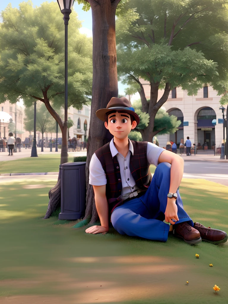 A man wearing a hat in the square with a tree behind sitting in the noon light