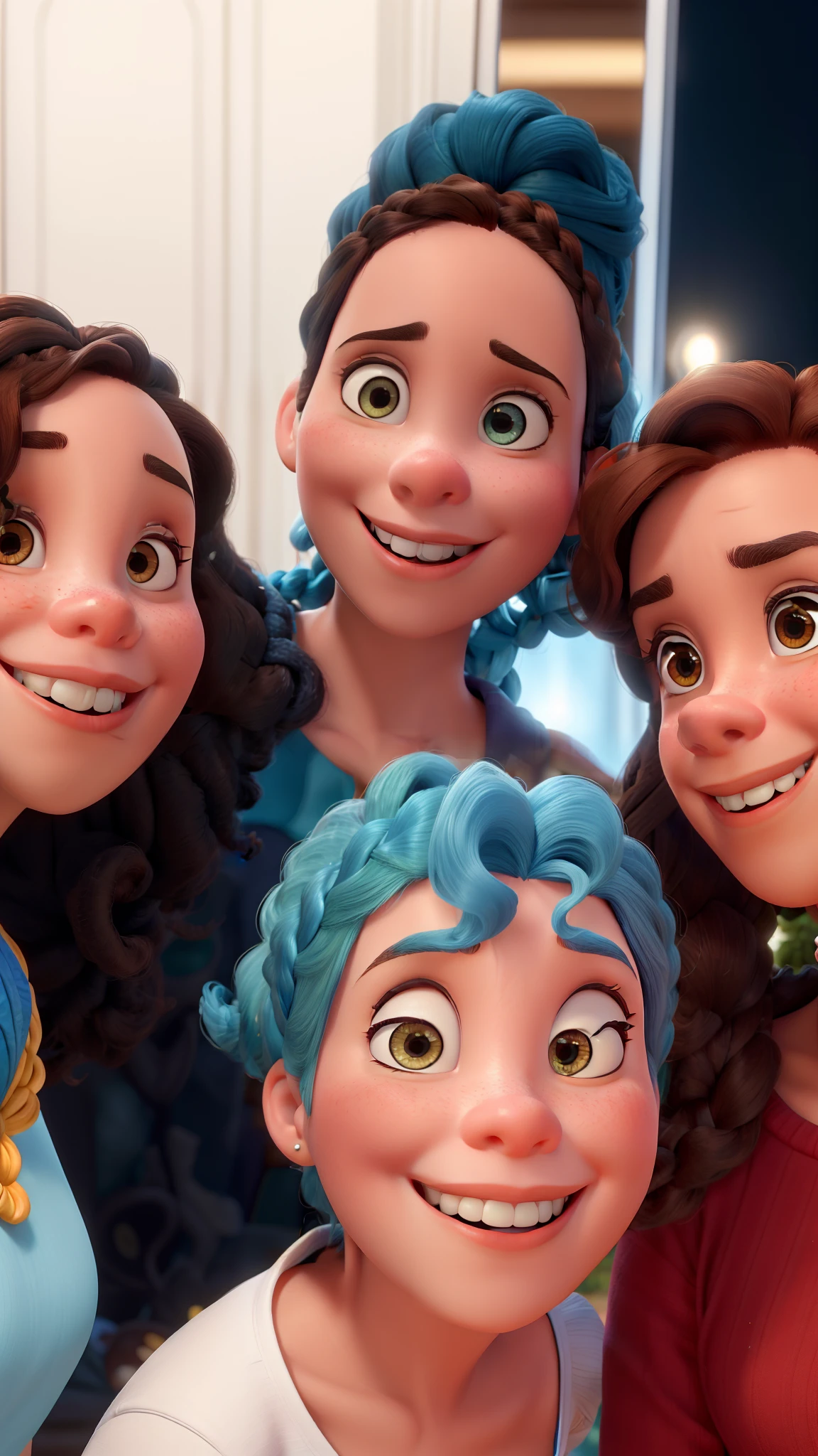 Obra-prima ao estilo Disney/Pixar in high quality and high resolution. Duas mulheres uma cabelo vermelho a outra com cabelo castanho e coque azul, a brown hair braided girl and 1 light blue curly hair boy