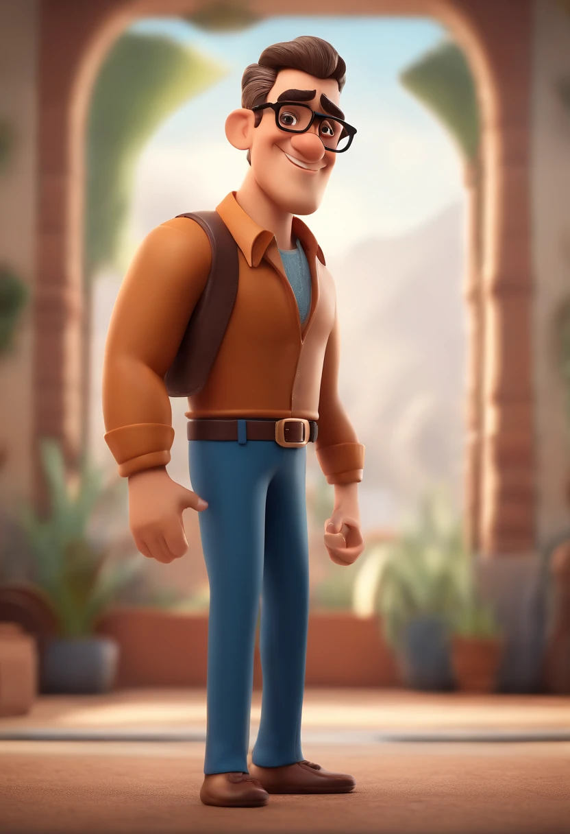 Cartoon character of a man with black glasses, cabelo cacheado marrom escuro e uma camisa azul, animation character, Caractere estilizado, animation style rendering, 3D estilizado, Arnold Maya render, 3 d render stylized, toon render keyshot, Personagem 3D, Personagem 3D, 3d rendering stylized, 3 d character render, personagem de desenho animado, Personagem de close up, Pose de personagem,  (Estilo Pixar) (master part:1.2) (Bokeh) (best quality) (pele detalhada) (textura detalhada) (8k) (argila) (Cinematic lighting) (foco nítido