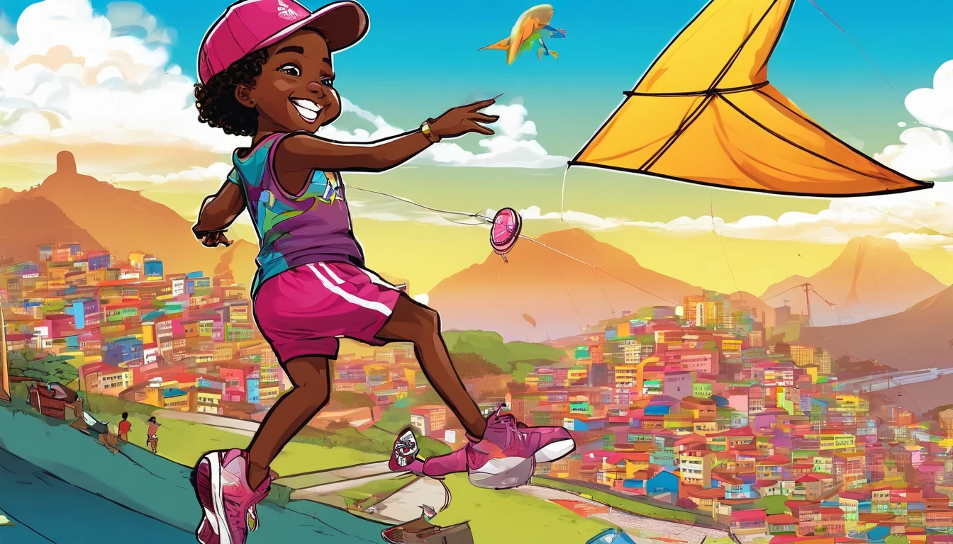 Black child from the periphery, with a cap and wearing adidas and nike clothes, She's happy in the favela of Rio de Janeiro flying a kite