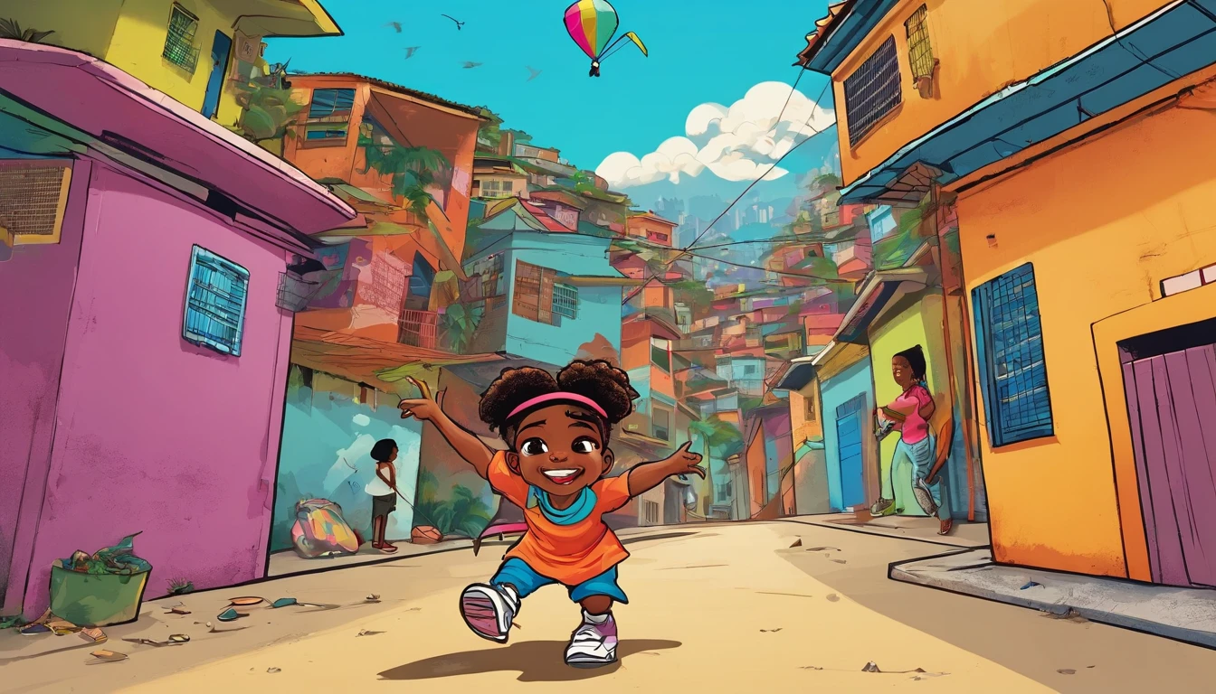 Black child from the periphery, with a cap and wearing adidas and nike clothes, She's happy in the favela of Rio de Janeiro flying a kite