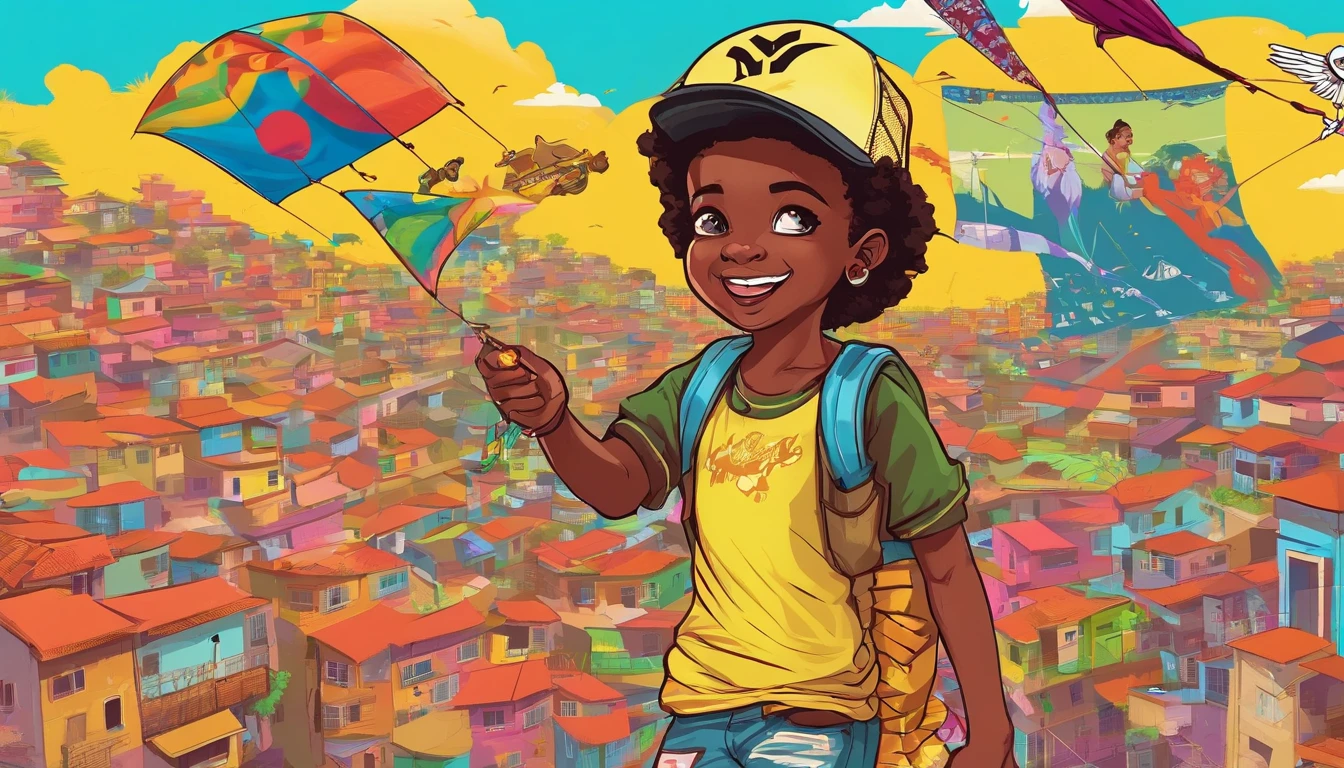 Black child from the periphery, with a cap and wearing adidas and nike clothes, She's happy in the favela of Rio de Janeiro flying a kite