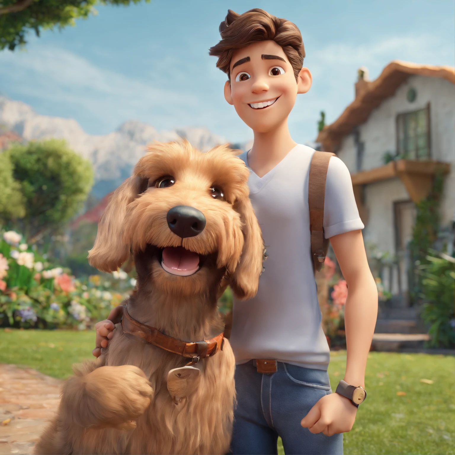 Lucas is a smiling 15-year-old human boy, com seu fiel amigo, Bolt, o cachorro schnauzer, deitados no jardim