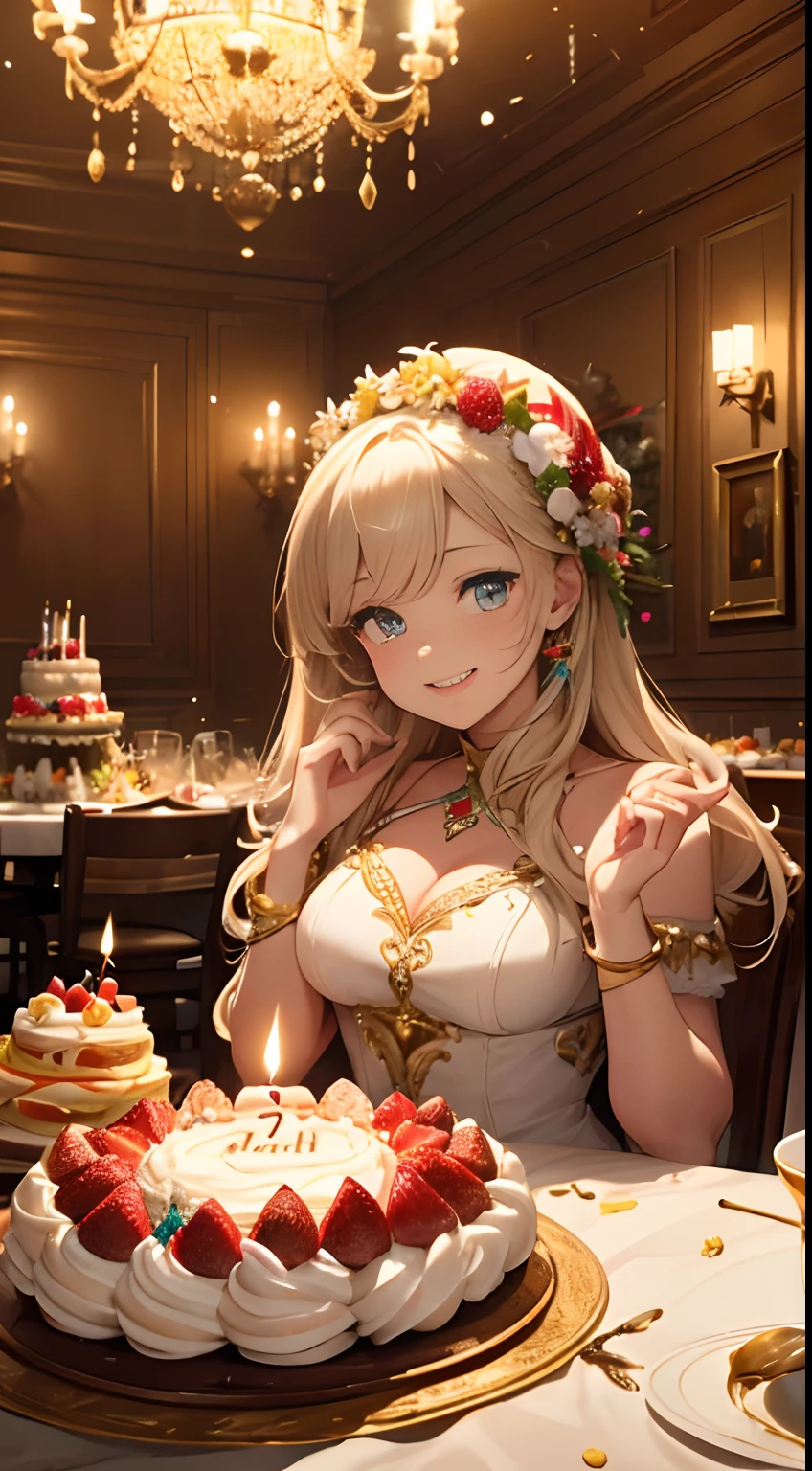 (medium:1.1),birthday cake,cake (vanilla, chocolate, or mixed flavors),multi-tiered cake,meticulously decorated cake,topping (fresh fruits, whipped cream, chocolate ganache),candles (brightly lit),sparklers,celebration,joyful atmosphere,vibrant colors,sprinkles (colorful, edible),frosting (smooth and glossy),delicate icing details,exquisite craftsmanship,highly realistic decoration,celebratory atmosphere,portraits,happy faces,warm lighting,lively composition,floral accents,festive atmosphere,happiness and excitement