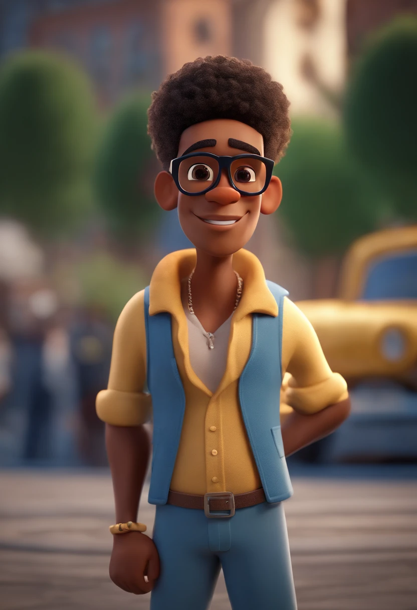 Cartoon character of a man with black glasses, negro de afro e uma camisa azul, animation character, Caractere estilizado, animation style rendering, 3D estilizado, Arnold Maya render, 3 d render stylized, toon render keyshot, Personagem 3D, Personagem 3D, 3d rendering stylized, 3 d character render, personagem de desenho animado, Personagem de close up, Pose de personagem,  (Estilo Pixar) (master part:1.2) (Bokeh) (best quality) (pele detalhada) (textura detalhada) (8k) (argila) (Cinematic lighting) (foco nítido