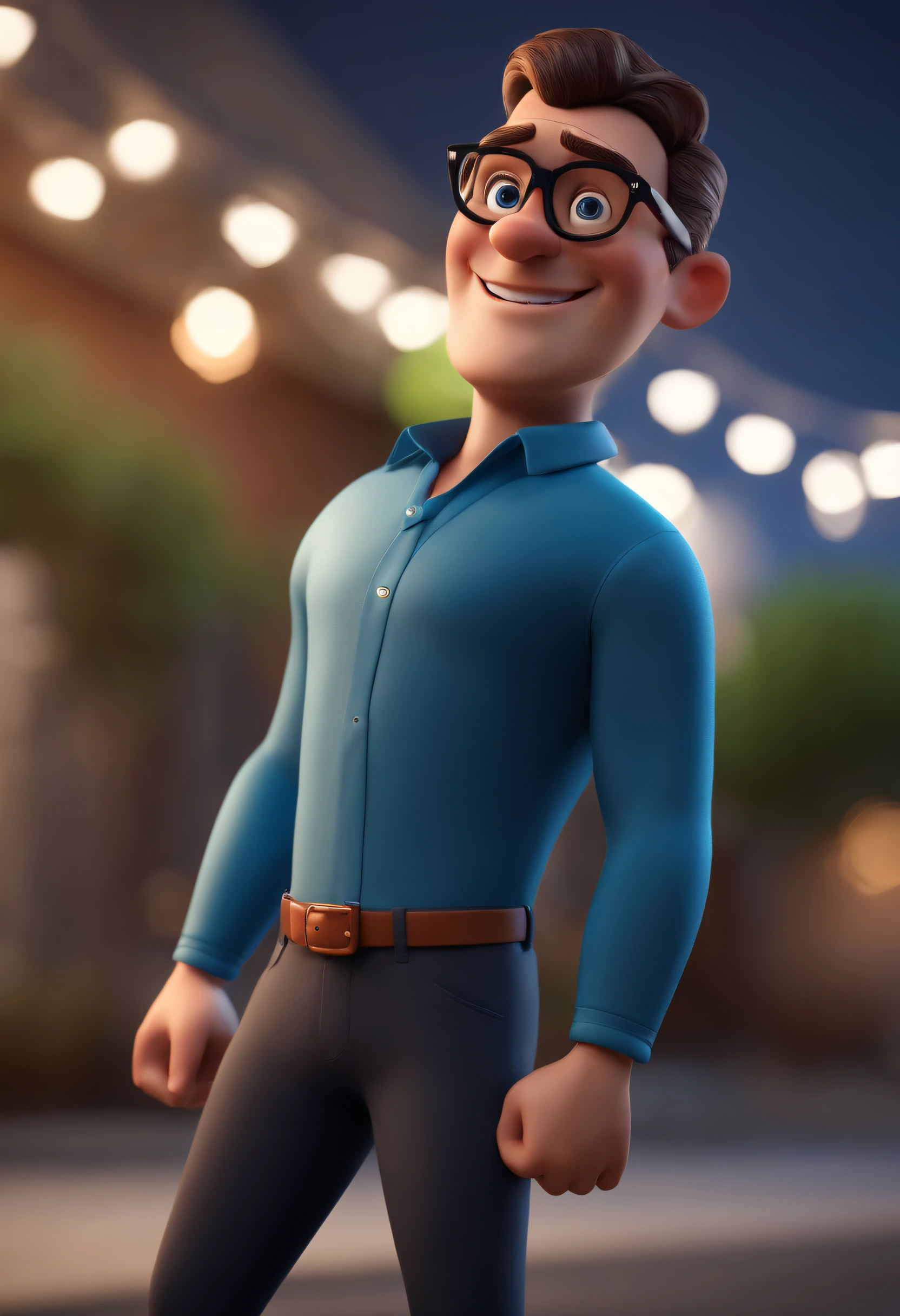 Cartoon character of a man with black glasses and a blue shirt, animation character, Caractere estilizado, animation style rendering, 3D estilizado, Arnold Maya render, 3 d render stylized, toon render keyshot, Personagem 3D, Personagem 3D, 3d rendering stylized, 3 d character render, personagem de desenho animado, Personagem de close up, Pose de personagem,  (Estilo Pixar) (master part:1.2) (Bokeh) (best quality) (pele detalhada) (textura detalhada) (8k) (argila) (Cinematic lighting) (foco nítido
