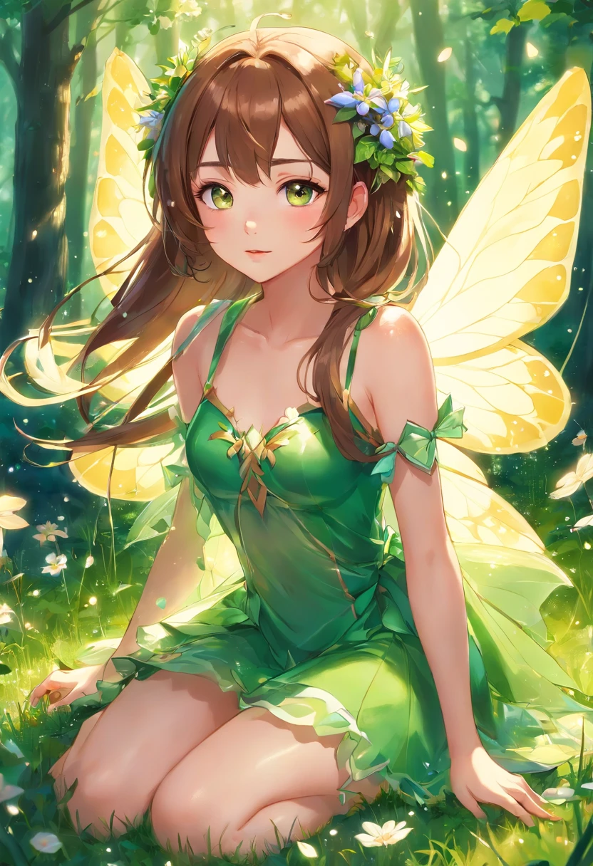 Anime girl in green and black outfit with wings and green background, Pixie character, Fairy, forest Fairy, insect trainer girl, brunette elf with Fairy wings, Pixie, Cute 3D anime girl render, April Rendering, Fairy dance, Leg spread  