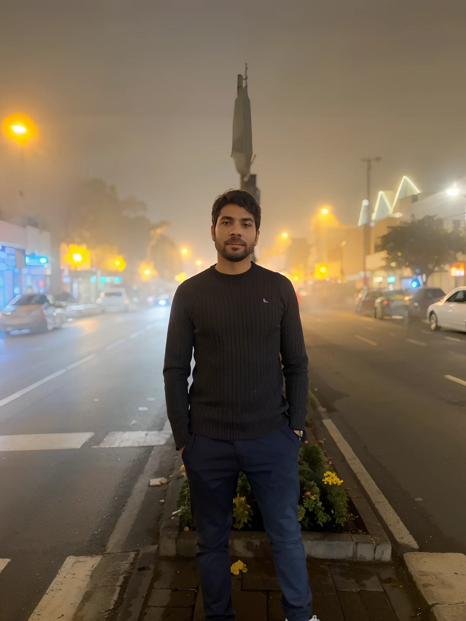 Em uma rua com nevoa