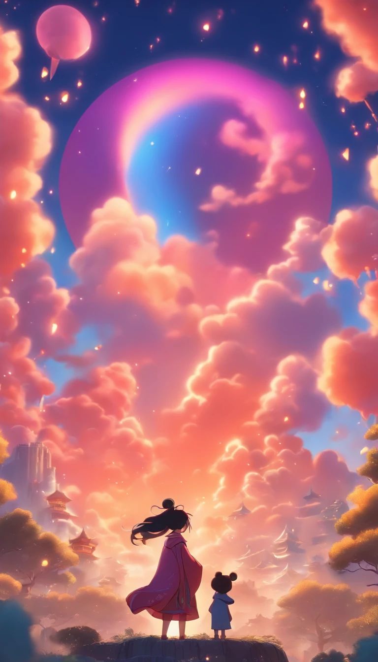 Festival do Meio do Outono,fada bonito,Vestindo trajes chineses,Brinque ao lado da menina com um coelho,Bolo da lua,nuvens auspiciosas,Behind the huge moon,uma paleta de cores quentes,fotos abstratas,realismo ultrarrealista,Estilo Pixar,Efeito 3D,Estilo Disney,luz de contorno clara,luz de aro,genial,luzes de holofote,8k