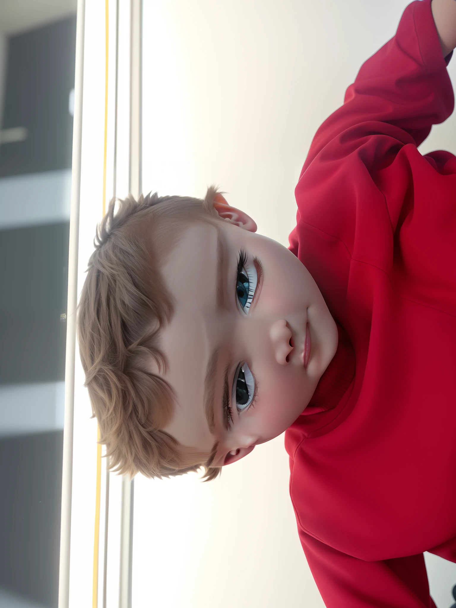 There's a boy who's standing in front of a window, imagem de qualidade muito baixa, menino com rosto neutro, 4 anos de idade, imagem desfocada, cara de menino, imagem do rosto, captured with sony a3 camera, Looking towards the camera, taken with the best dlsr camera, front facing the camera, cara fina do menino, looking-into-camera