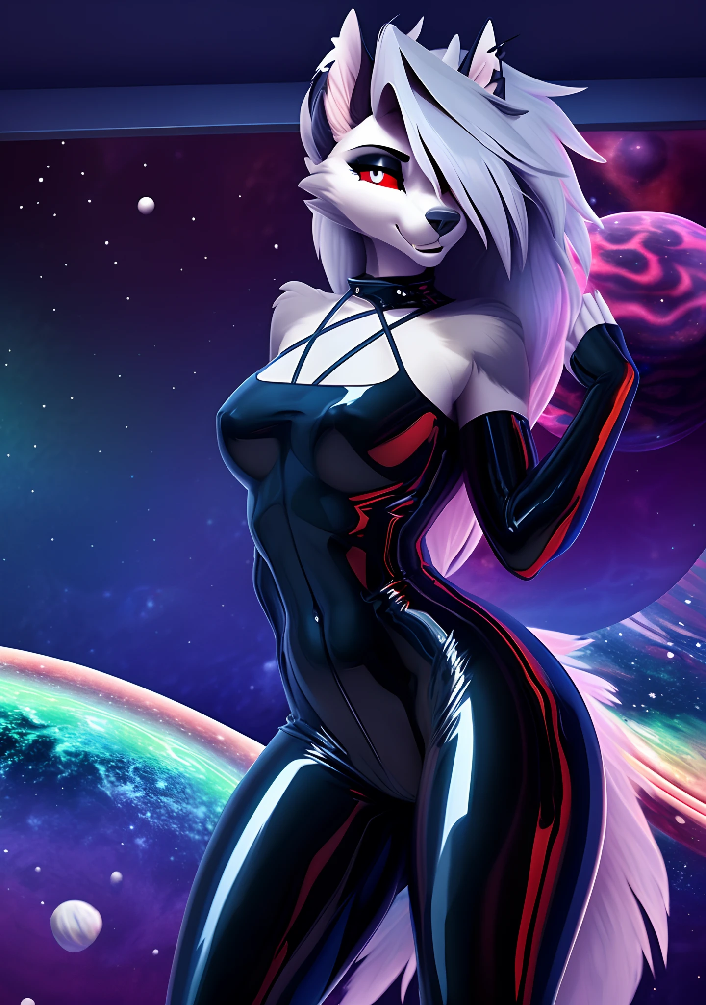 , ((masterpiece)), ((8k quality)), (no watermark), Loona, female, mouth closed, red eyes, detailed bedroom, standing, seductive pose, (solo:1.4), sleek, shiny ((cosmic:1.5)) colored latex suit