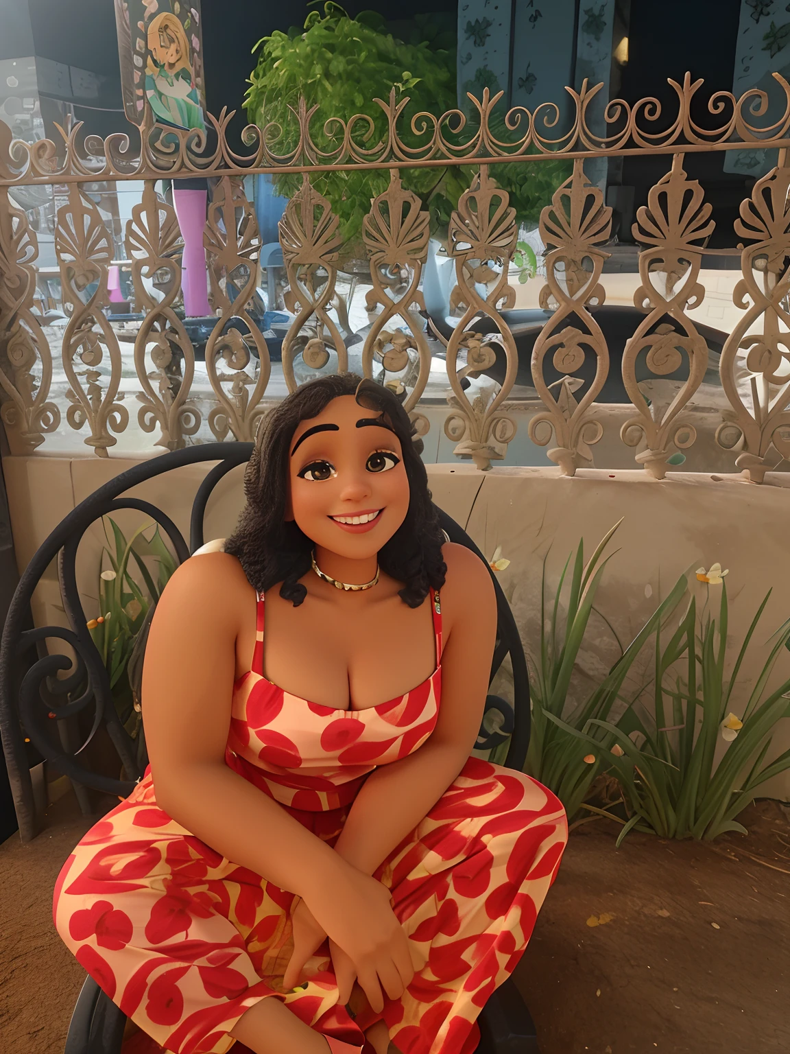 Uma mulher, 40 anos, cabelos cacheados, grisalhos, sentada com as pernas em cima de uma cadeira, sorrindo, batom vermelho, Flowery jumpsuit